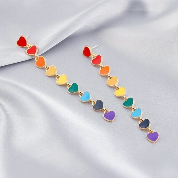 Rainbow Heart Dangle Earrings in Gold - Picture 5 of 6